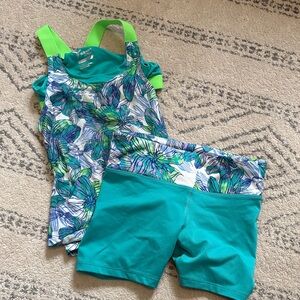 Old Navy Kids Swim Rashguard Set - Blue and Green Leaf Print